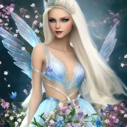 Fantasy fairy with transparent wings, smiling, make up, long platinum blond hair with crown and flowers, blue dress, flower background