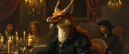portrait painted by Rembrandt, stupid looking fire breathing dragon fox at banquet