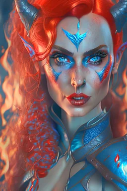 {devil elf} with {red} hair and with cute face, {fire}, blue eyes, skimpy leather clothes, stiletto heels, perfect composition, hyperrealistic, super detailed, 8k, high quality, trending art, trending on artstation, sharp focus, studio photo, intricate details, highly detailed, wide borders