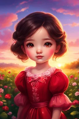 Digital painting of a cute little girl in a gorgeous red puffy sleeve dress, close-up face, cute chibi face, dark hair, glowing eyes, rosy cheeks, red lips, sunset, back light, clover field in the background, Disney art, digital painting style, High Quality, 4k