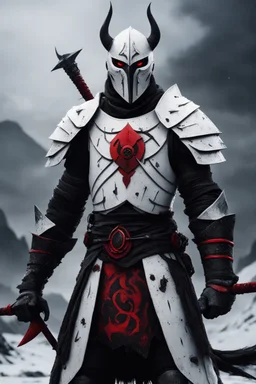 The character, depicted in a striking white armour against a dark wintry backdrop stands with his hands behind his back inside the scene, he has a red and black circular symbol on his chest like a shield, a black pointed spear with a red handle on his back, His eyes are showing a dynamic yet menacing expression and he wears a black oni mask with white teeth covering the bottom part of his mouth he has brown shoulder pads and a white karate belt with a bag attached to it. He has dark brown hair.