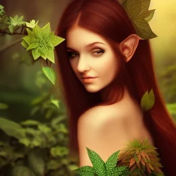 sourceress girl, beautiful, cute, intricate plants in the hair, misterious smile, like an elf, tiled, sun ray, high definition, cinematic, rendering