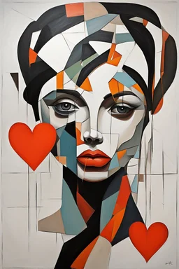 Abstract painting of a woman with a broken heart. Abstract art that does not represent an accurate depiction of visual reality, communicating instead through lines, shapes, colors, forms and gestural marks, perfect composition, cubism style