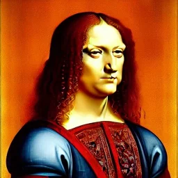 leonardo da vinci portrait of donald trump as a king, beautiful, curly orange hair, high definition, realistic. Colors white, blue and red.