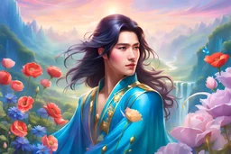 homme galactique asiatique cheveux longs majestueux,, souriant, yeux lumineux, vêtements brillants, bleu, turquoise, cristaux, maquillage doré, corps entier dans une paysage magique lumineux avec des ailes transparentes bleutées, arcades de glycine rose et mauve, chateau de cristal, cascades, champ de coquelicots et marguerites, bleuets, pivoines
