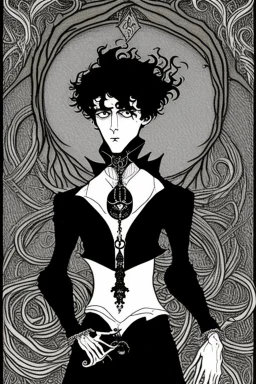 black haired young man necromancer wizard with gothic jewelry and tentacle fingers in the style of Aubrey Beardsley