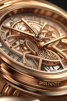 Render a close-up shot of a DeWitt Golden Afternoon timepiece, highlighting its elegant rose gold accents and intricate guilloché dial pattern."