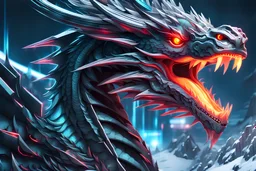 Cyber Machine dragon in 8k anime sci-art drawing style, neon effect, close picture, snow, apocalypse, intricate details, highly detailed, high details, detailed portrait, masterpiece,ultra detailed, ultra quality