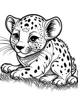 create a 2d black outline, "safari smiling cartoon baby gepard coloring book for toddlers", coloring page, low details design, black contour, coloring page design, simple background, colorful , card style, coloring page for kids, white background, sketch style, safari landscape, cartoon style