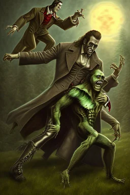 Frankenstein monster and the wolfman fighting each other as Dracula stands by and watches