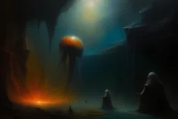 oil painting in the style of Dariusz Zawadzki, William Turner, Hieronymus Bosch, Giger, Beksiński, Alexander Kozhanov: a dystopic dark enviroment. colors run partially, oil paints on canvas. dramatic painting effects, fine crackles, mystic dark mood. horror, science fiction, depression. postapocalypse. nebular.