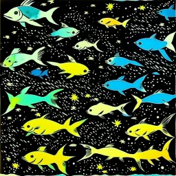 Fish under star filled night sky painted by Andy Warhol