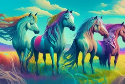 illustration fantasy horses of different colors in a field