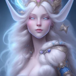 visage souriant, fée magicienne du nord, fantasy, grands yeux bleus, cheveux long blond, bleu et rose