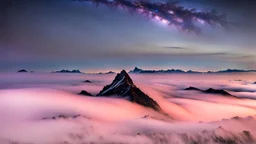 A surreal night-time scene featuring a sharp mountain peak rising through a thick layer of fog. Only one single peak is visible, The mountain's dark, jagged silhouette contrasts against the soft, pastel hues of the fog illuminated by moonlight. Above, the night sky is adorned with countless stars and a segment of the Milky Way, adding a sense of wonder and vastness to the scene. The overall atmosphere is mystical and serene, capturing the beauty of nature in a high-resolution, panoramic view