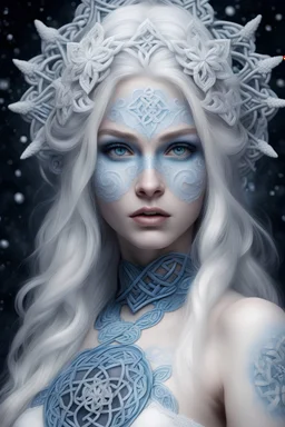 Snow Old Maiden, snowflakes on her head, realistic blue eyes, white hair, white skin, filigree, white tattoo on her face, Celtic symbols, high quality image, realistic image, 8k, high quality, hyperrealism