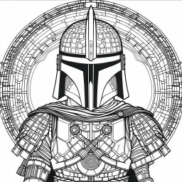 line work, coloring book, boba fett, mandala, black and white, thick lines, vector file