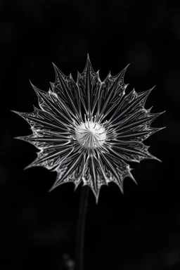 Realistic x-ray weed flower, tilt art bokeh, dark shadowy scene. flower of fun , sharp jagged petals surround the center. metaphorical, fantasy artwith intricate details, texturized effect, black and white, inspired by Hugh Turvey, Bert Myers and flower photography, enhanced with dramatic lighting