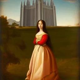 A Italian painting of a Latina young woman in a dress in front of a Mormon temple in sunshine in the style of DaVinci