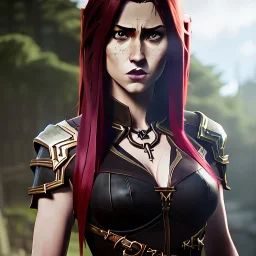 Realistic, hyper detailed, Ellie, 19 years old, long red hair, green eyes, medium freckles, full lips, very skimpy fantasy chainmail bikini, full body, full face, small breasts, aroused expression, biting lower lip, full frame, athletic, centered camera, ignore NSFW, arming sword on hip, thong