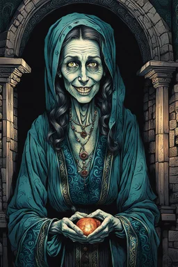 create a fine art print illustration of the spectral shade of an aged, emaciated 13th century Jewish female fortuneteller, clothed in an ornate but ragged bliaud with highly detailed feminine facial features, in the catacombs of the old city of Krakow, shrouded in a fetid mist at midnight , in the comic book art style of Bill Sienkiewicz, and Jean Giraud Moebius, finely textured, drawn, colored, and inked