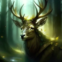 Generate an image of a forest druid called "Baldir, Eternal Wisdom", transformed into a mystical deer