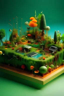 Un paisaje con clima veraniego, la flora esta formada por plantas compuestas por componentes electrónicos y la y la fauna compuesta por juguetes.