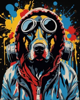 Banksy style. Vibrant and dynamic masterpiece with fluid patterns forming a killer dog wearing a hood and a gas mask, its eyes are intense. Bright colors of red, blue and a touch of yellow, creating a fascinating effect. The black background creates a strong contrast, making the colors stand out even more