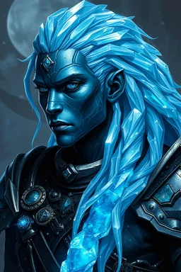 Please generate a male earth genasi warrior for D&D. he should have dark-colored crystal skin with glittering sparkles like gem dust. he should have lines marking his skin like cracks, showing glimmering gem-like veins and a faint glow. His hair should appear carved of crystal and long. he should be in her mid-20s and in warrior armor. he have blue eyes.