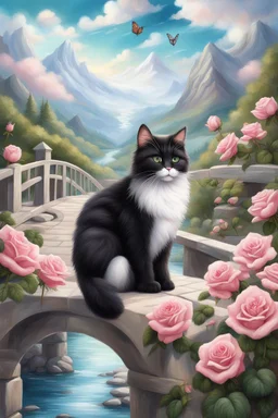 in the center: many beautiful fat fluffy black and white cats with green eyes sitting on a bridge, under the brigde flows a small blue river; background: landscape with dramatic mountains and white clouds, butterflys flying in the sky; first plan: pink roses;