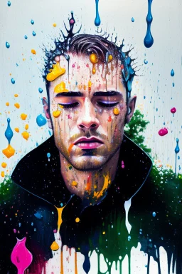 acrylic portrait of a man, emotions, rain, flowers, umbrella, autumn, paint blots, splashes, tears, plants, yellow, blue, green, orange colors