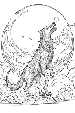 A werewolf howling at the moon while standing in a misty graveyard. Outline, sketch style, only use outline, mandala style, clean line art, white background, no shadows, no clear wall, coloring page.