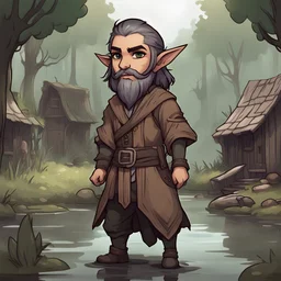 Ababael is a elf with dark silver skin medium straight dark silver hair with a full beard in brown and tan swamp clothes, background swamp village, in chibi art style