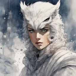 ink wash and watercolor illustration of a whimsical hybrid Snowy Owl girl with highly detailed feathers and facial features in the comic book style of Bill Sienkiewicz and Jean Giraud Moebius, with a fine art aesthetic, highly detailed , 4k UHD cinegraphic quality