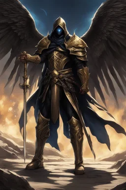 A commander with a black cloak and a long coat with long combat boots and a long spear with his Helmet is golden under his cloak like assasins With a magical power in his hand and a white anklet and boots With blue flame eyes,It has two black wings on its back