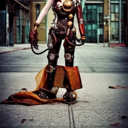 Rusty female steam punk cyborg laying in the streets sad and lonely, crying,suit is falling apart, anime character