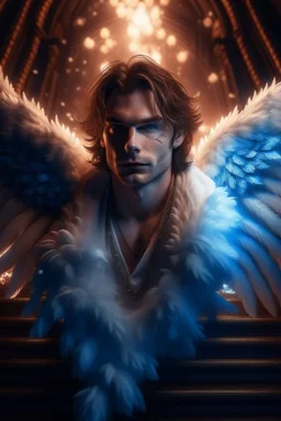 fluffy clouds, intense eyes, close facial portrait of the streetwise magician posing in elaborate cape, angels and demons, fireflies , staircase with closed gates of heaven, 4 k, down light, depth of field, trending art, high detail