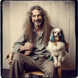 Awkward portrait Photo, 40 years old hippie sitting on chair, weird smiling, long 1970 hippie hair and mustasch, bland polaroid camera, holding a small dog, parrots