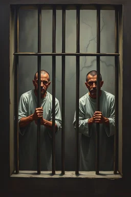 Innocent Prisoners behind bars , Bosch painting styles dark emotions with no hope