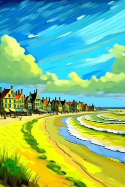 painted picture in inspired by van gogh of the town of De Haan in Belgium at the beach in sun with einstein in front