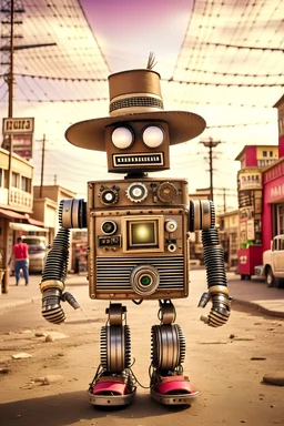 antique photo of a robot wearing a cowboy hat that is made out of antique cameras and lenses and antique electronics with wires interconnecting standing in the middle of a dusty wild west town road