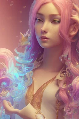 isometric clean art of super beautiful lady, soft lighting, soft pastel gradients, high definition, 3d icon clay render, blender 3d, beautiful, long hair, rainbow hair, rainbow dress, pointed elfin ears close up