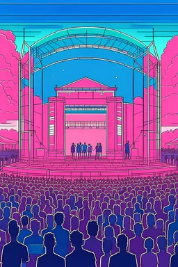 an outdoor music festival concert stage and crowd in the style of Moebius, but with dim colors