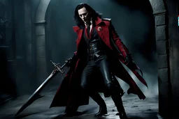 Action shot of Tom Hiddleston as Alucard from the live action "Hellsing" movie based on the anime of the same name. The scene is the dungeon from the first episode of the anime, and he is licking blood from the floor.
