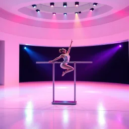 a picture of a gymnast lady show her performance on gymnastic parallel bar in a modern stage made of 3d geometric recursive structures and dynamic color lights