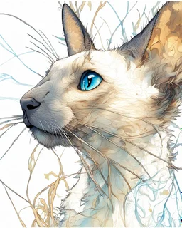 Create a vividly realistic visual composition to conceptually complement A whimsical, wacky Oriental shorthair chocolate point Siamese with blue eyes and a delightfully scattered and unkempt coat, sporting long strands of hair that stick out in every direction, as if electrified by static, its whiskers twitching with mischief, while its ears perk up with an air of sly secrecy, the cat's body appears to be whispering away from itself, as if its very essence is being slowly sucked out, leaving beh
