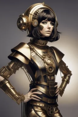 full body picture of a woman with a bob, a fringe hairstyle, Cleopatra clothing futuristic steampunk