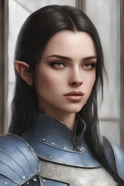 beautiful pale female, half elf, black silky straight shoulder length hair, blue leather armor with white frills, shoulder to waist belt, brown travelling boots, standing near window, plant on pot, brown dark eyes, realism, realistic, photorealistic, sheated rapier attached on hip