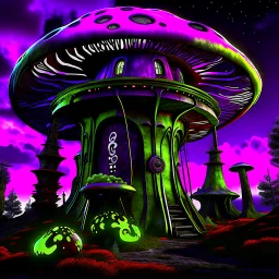 A fantabulous black, green and purple (((mushroom tower house))) erected atop a (geologic pillar), surrounded by the uncanny imaginative ((( swirling skies))), offset by the stark hues of a (neon-tinged nebulous space scape), within. captured by the hand a skilled master painter with a focus on (softly blurred compositions and voluminous lighting).