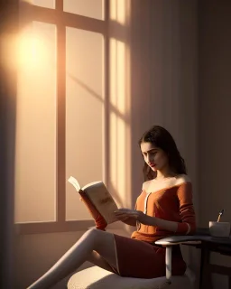 Beautiful, thin young woman, Arab home clothes, wavy hair, sitting on an office chair, reading a novel, next to a window, outside the window is sunset , 8k, finely detailed, photo realistic.